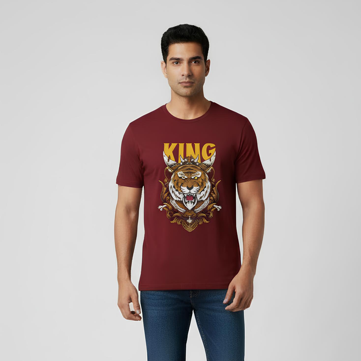 King Tiger Graphic T-Shirt for Men – Maroon Cotton Printed T-Shirt