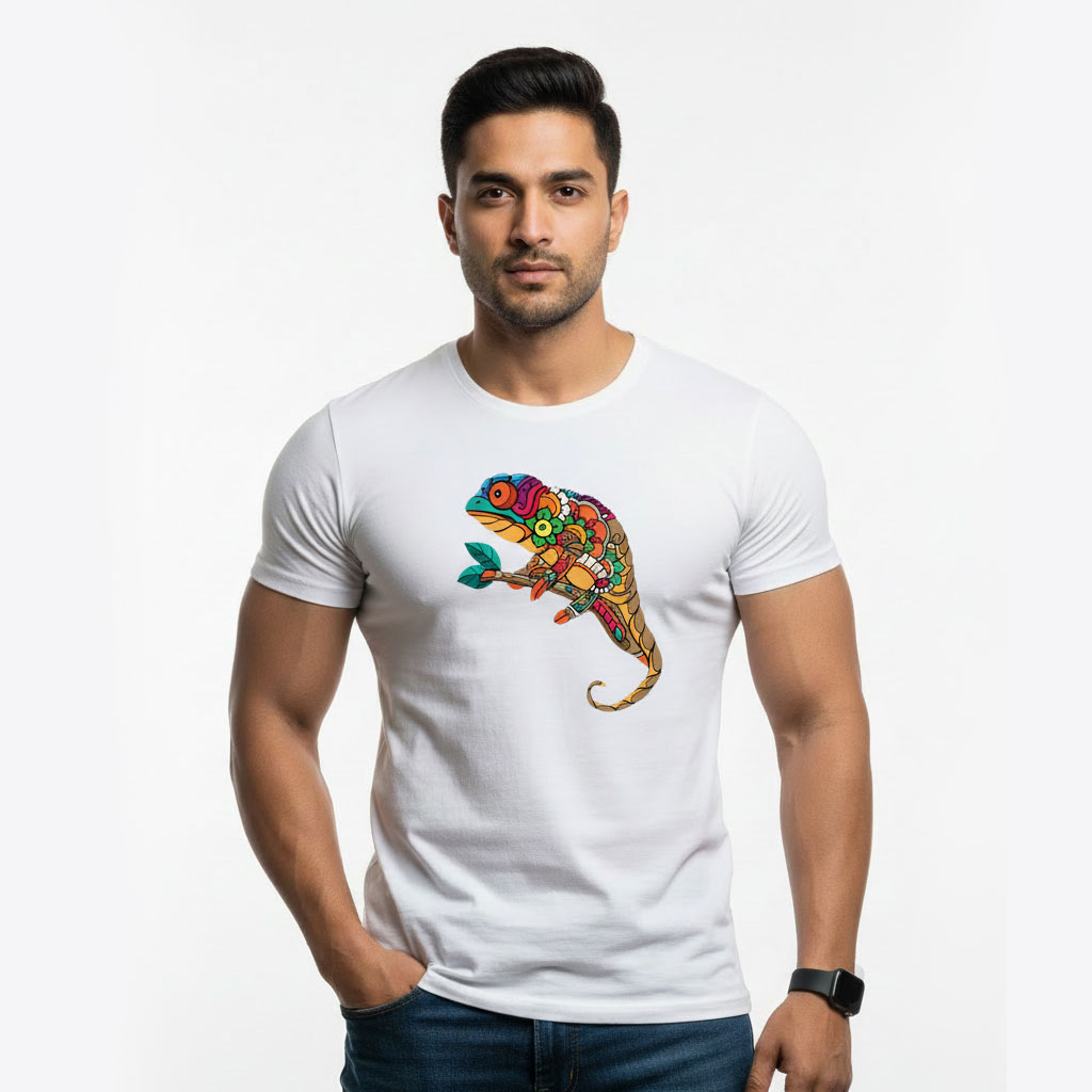Men’s White Chameleon Graphic Printed T-Shirt – Premium Cotton Casual Tee
