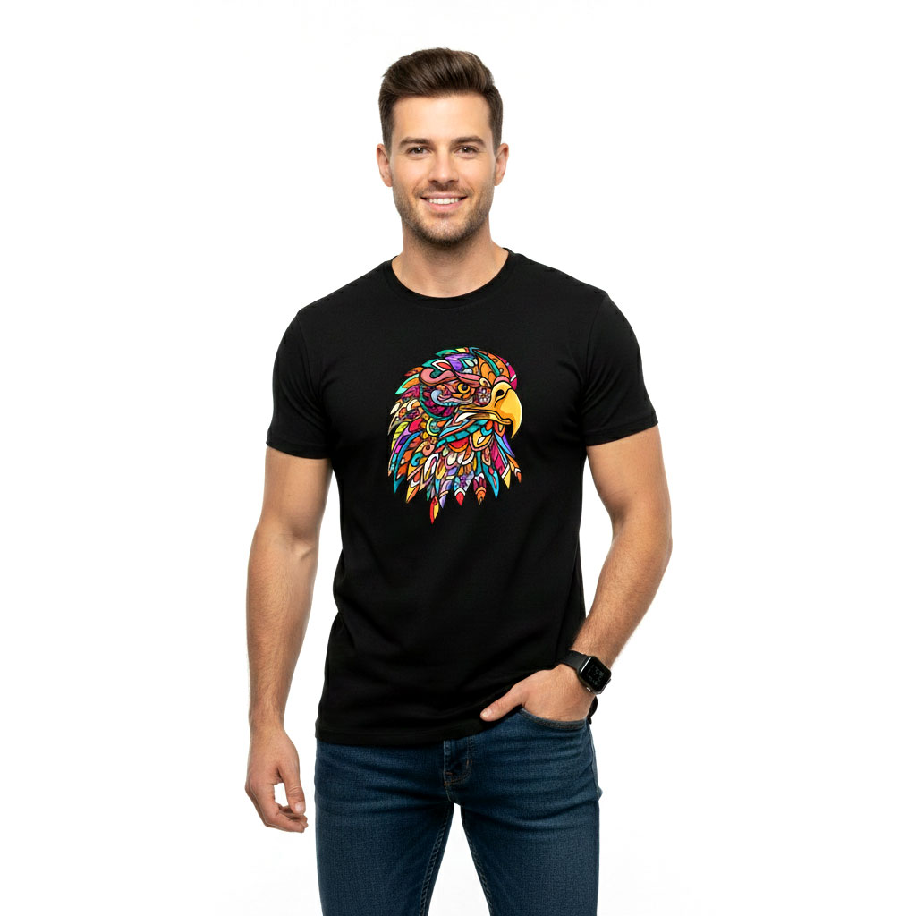 Men’s Colorful Eagle Graphic T-Shirt – Black Artistic Streetwear Cotton Tee