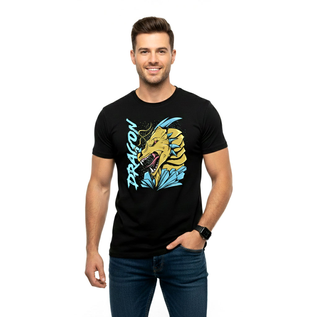 Men’s Black Dragon Graphic T-Shirt – Fierce Fantasy Dragon Printed Cotton Tee