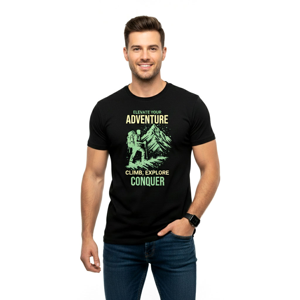 Men’s “Elevate Your Adventure” Mountain Explorer Graphic Black T-Shirt