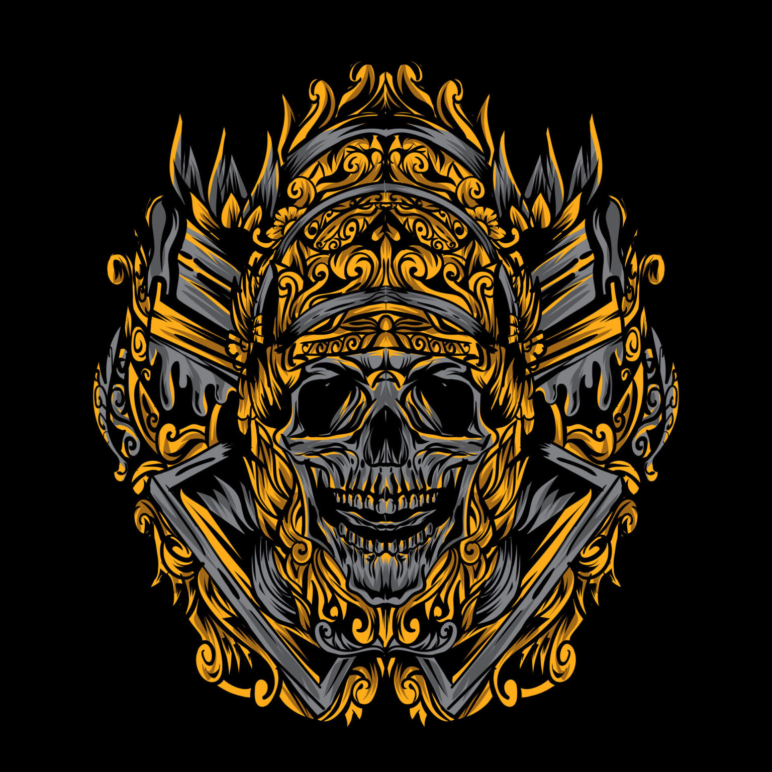 Men’s Black Skull Graphic T-Shirt – Premium Gold Warrior Skull Printed Tee