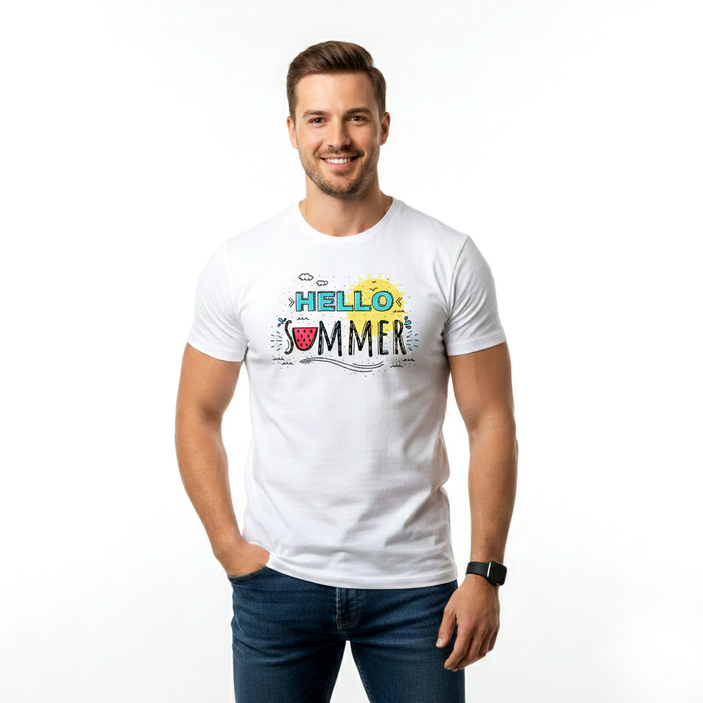 Men’s White “Hello Summer” Graphic T-Shirt – Casual Summer Cotton Tee