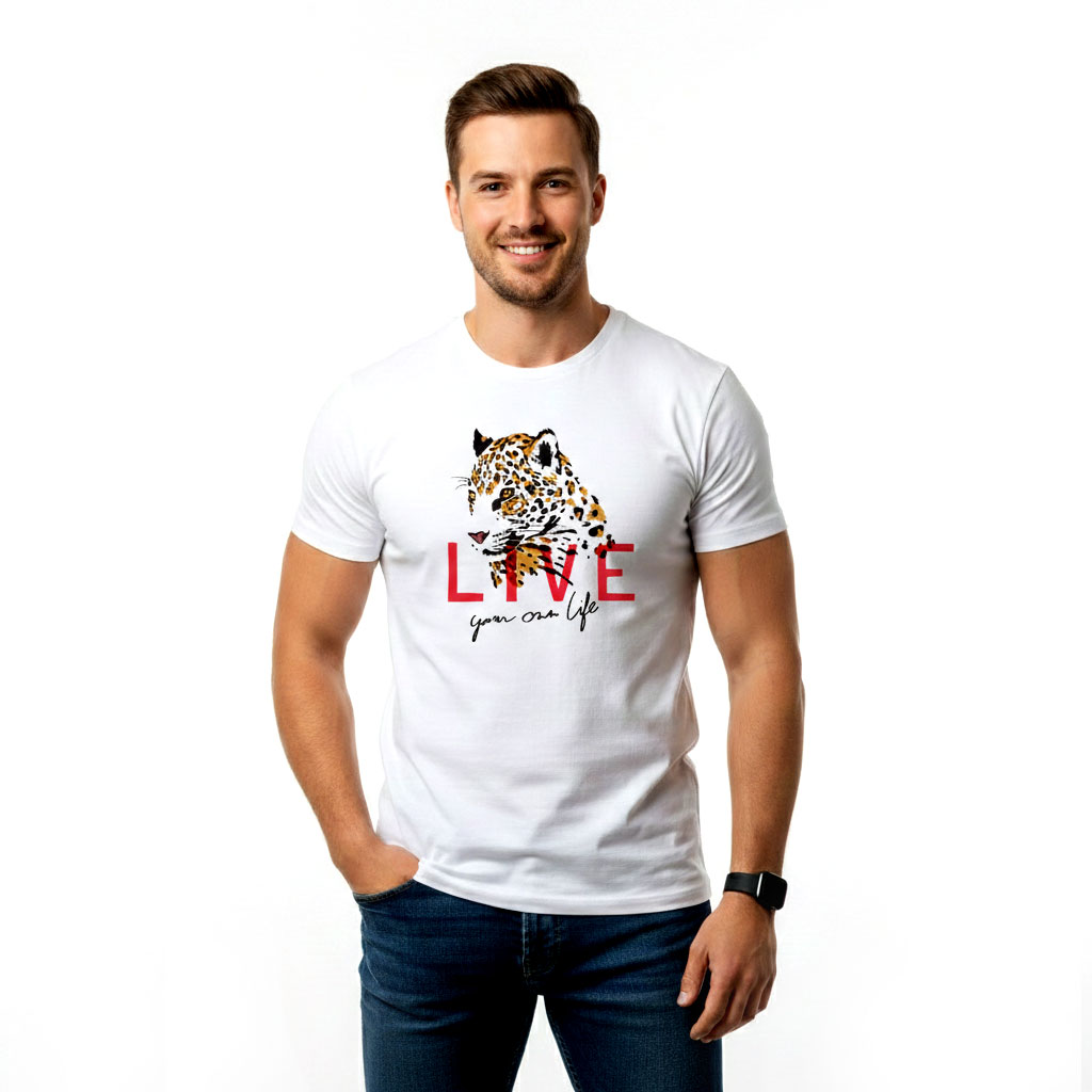 Buy the Live Your Own Life leopard graphic white T-shirt for men. Made from premium cotton with a bold design, perfect for casual and everyday wear.