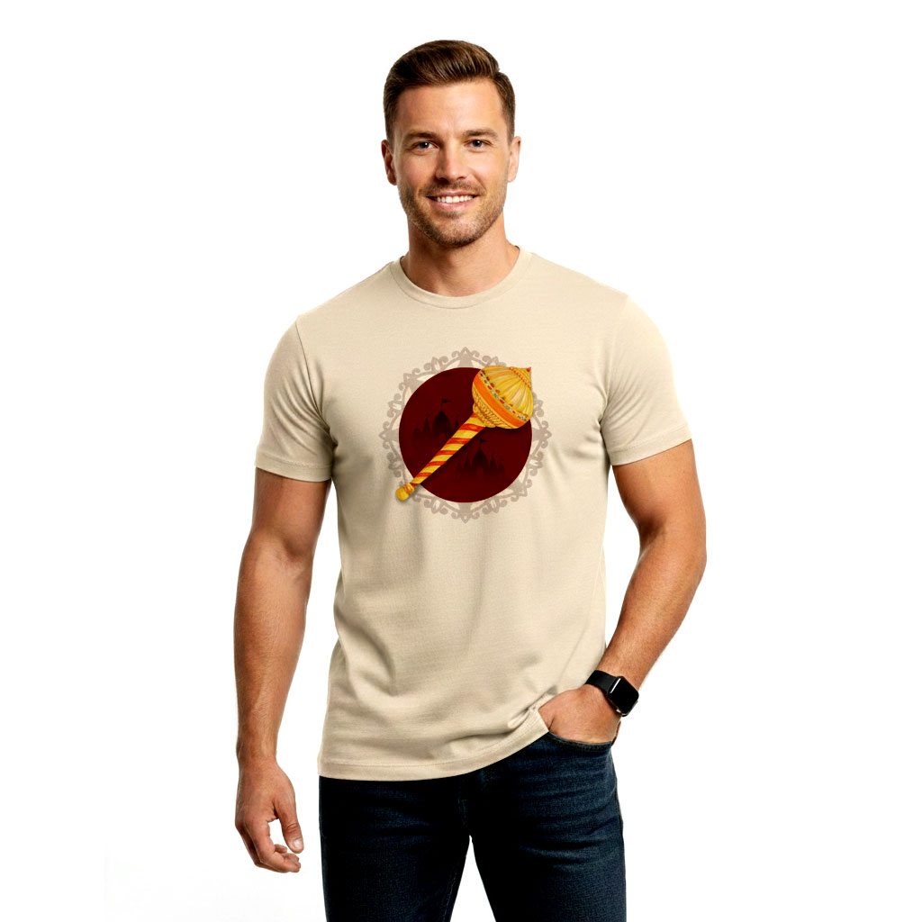 Traditional Mace Graphic Beige Cotton Ethnic Tee -Shirt for Men