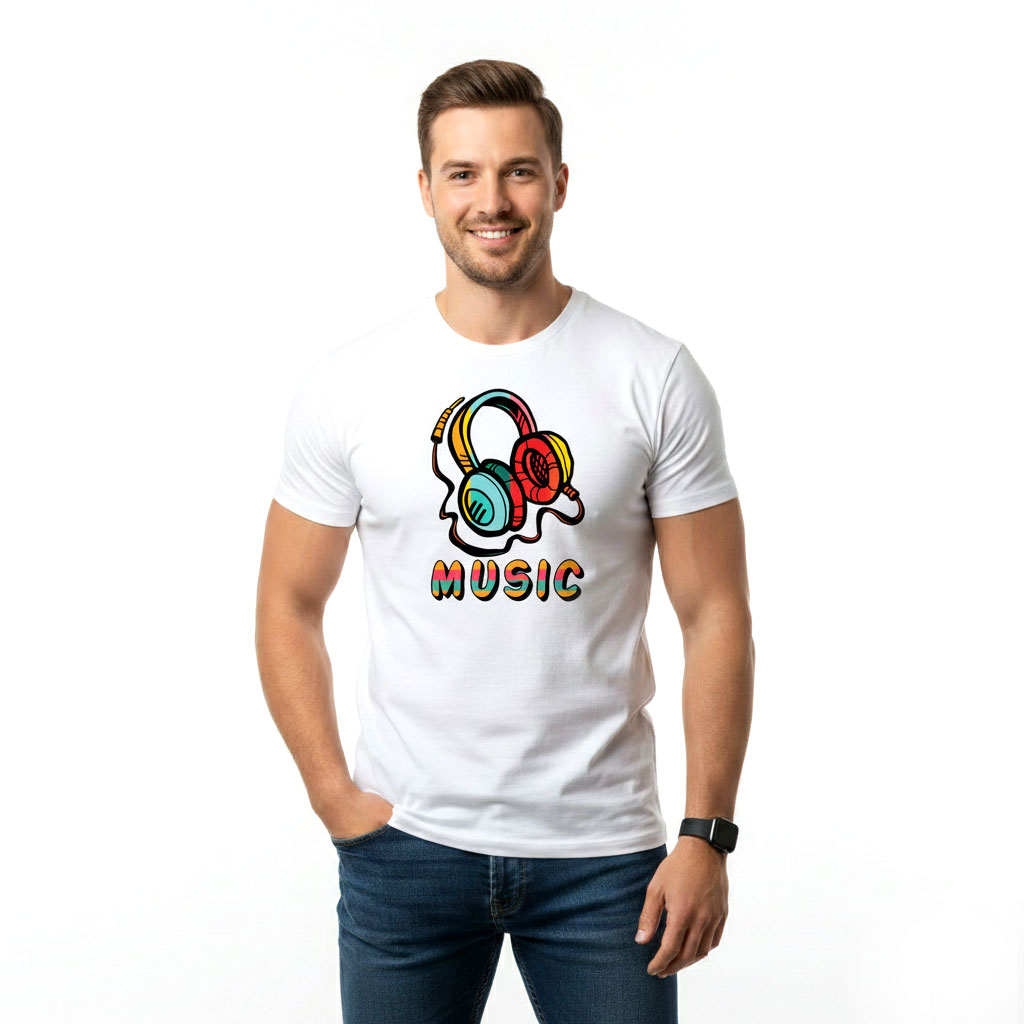Men’s Music Headphones Graphic T-Shirt – White Casual Cotton Tee for Music Lovers