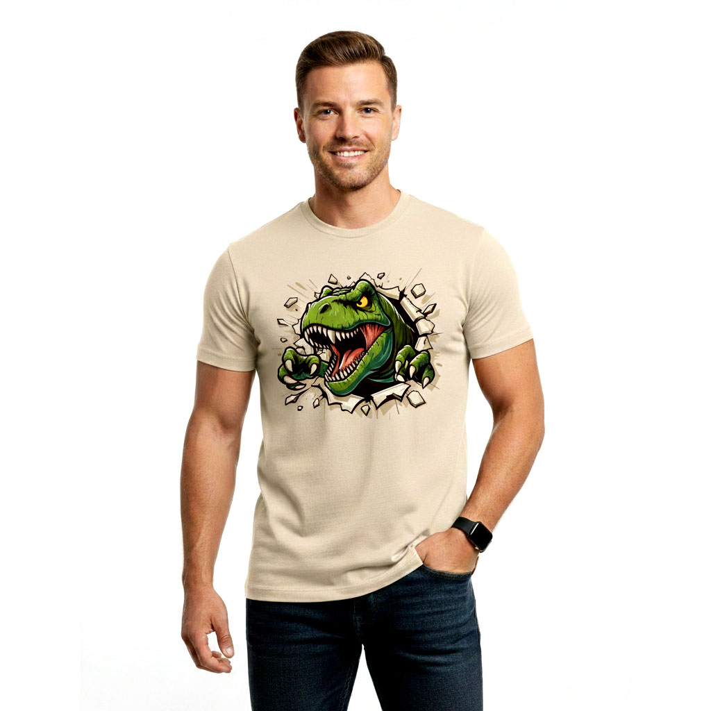 Roaring T-Rex Graphic Beige T-Shirt for Men | Premium Cotton Casual Wear