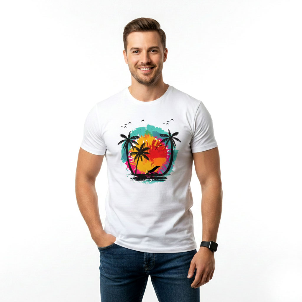 Men’s Tropical Sunset Palm Tree Graphic T-Shirt – White Summer Casual Tee