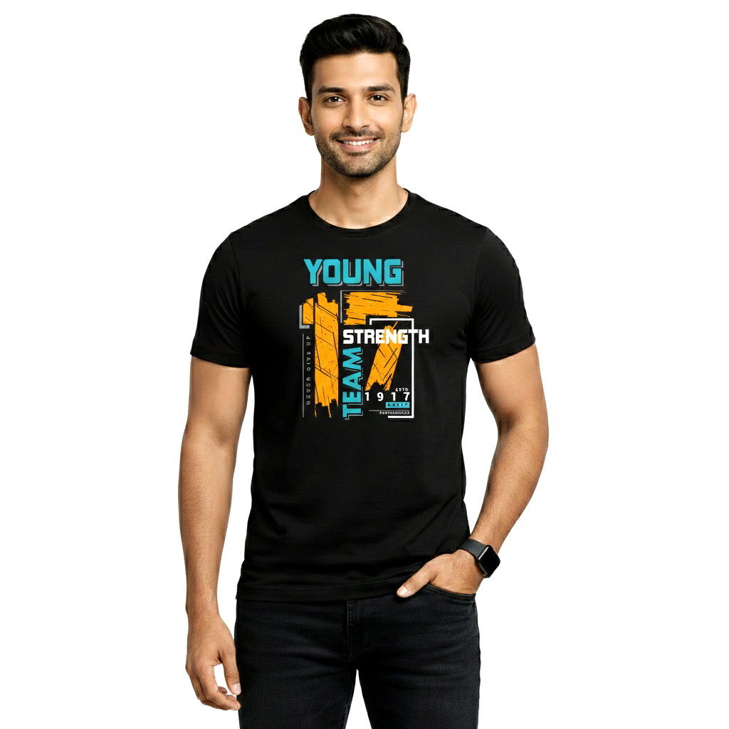 Young Team Strength Graphic Printed Black T-Shirt for Men