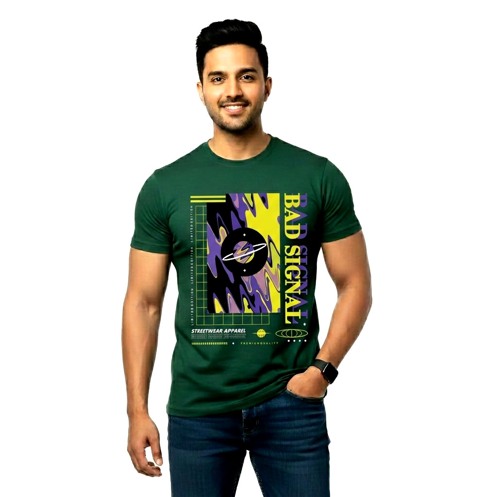 Bad Signal Graphic Streetwear T-Shirt – Green Printed Tee for Men
