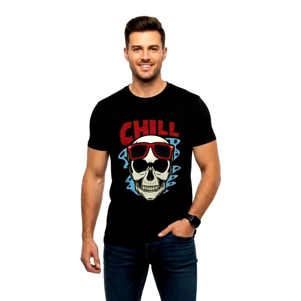 Men’s Black “Chill Skull” Graphic T-Shirt – Cool Skull Print Streetwear Cotton Tee