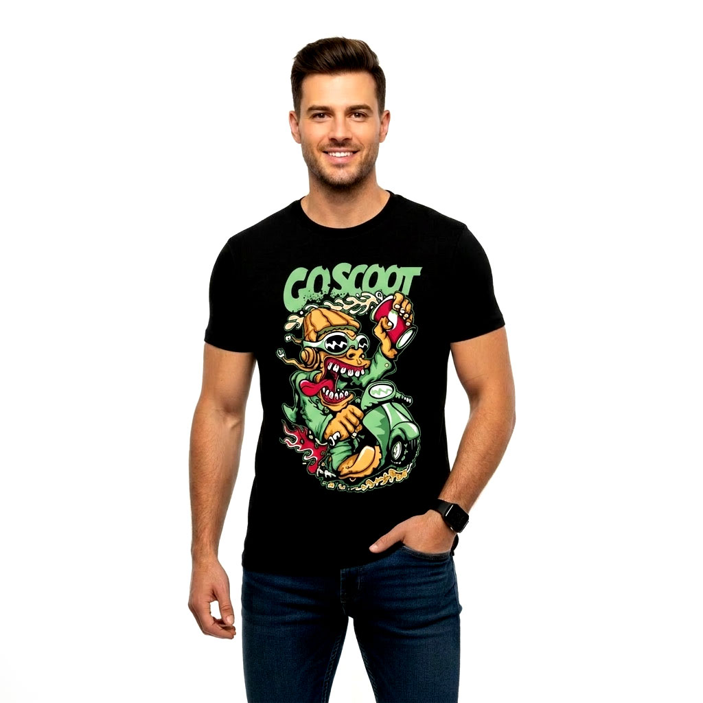 Men’s Black “Go Scoot” Cartoon Graphic T-Shirt – Funky Biker Streetwear Cotton Tee