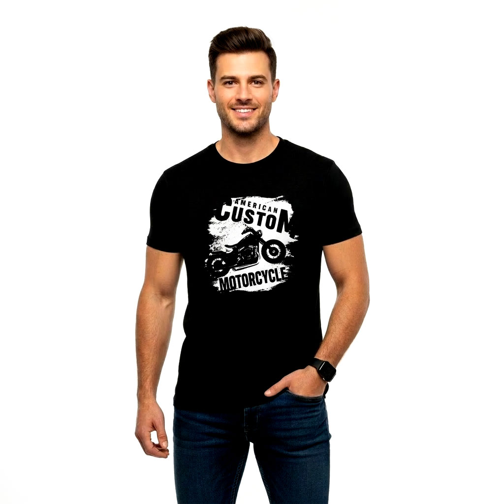 Men’s Black “American Custom Motorcycle” Graphic T-Shirt – Premium Biker Style Cotton Tee