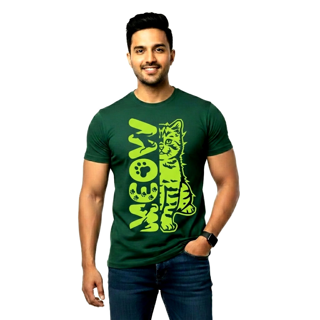 Meow Cat Graphic T-Shirt for Men – Neon Green Print Tee