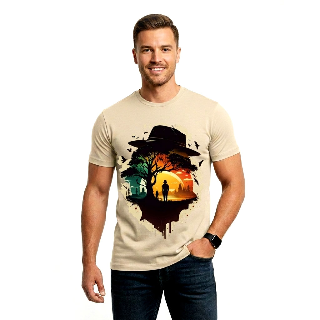 Sunset Silhouette Hat Graphic T-Shirt – Artistic Landscape Print Tee