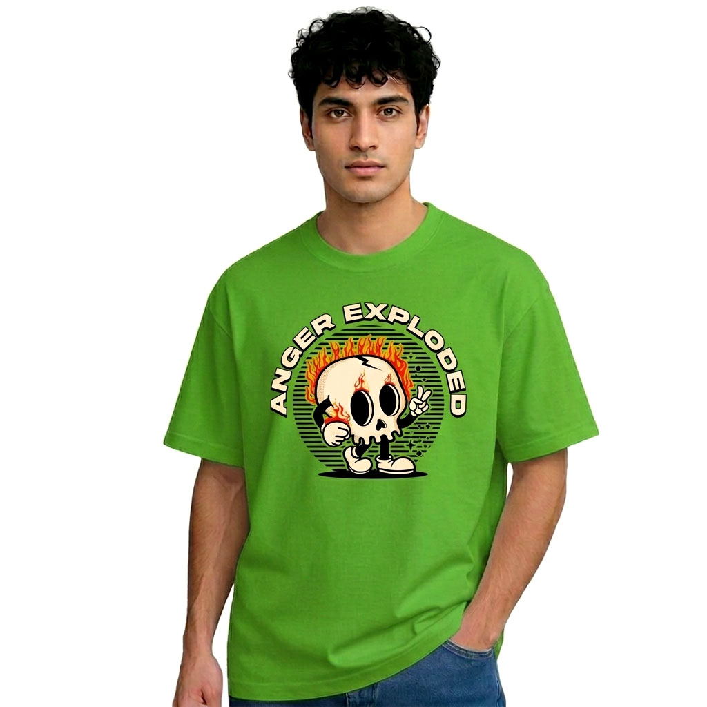 Anger Exploded Cool Skull Fire Graphic Oversized Fit T-Shirt for Men