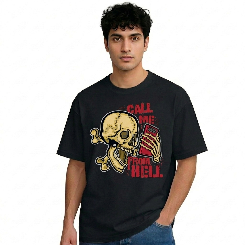 Men’s Black “Call Me From Hell” Skull Graphic T-Shirt – Oversized Cotton Streetwear Tee