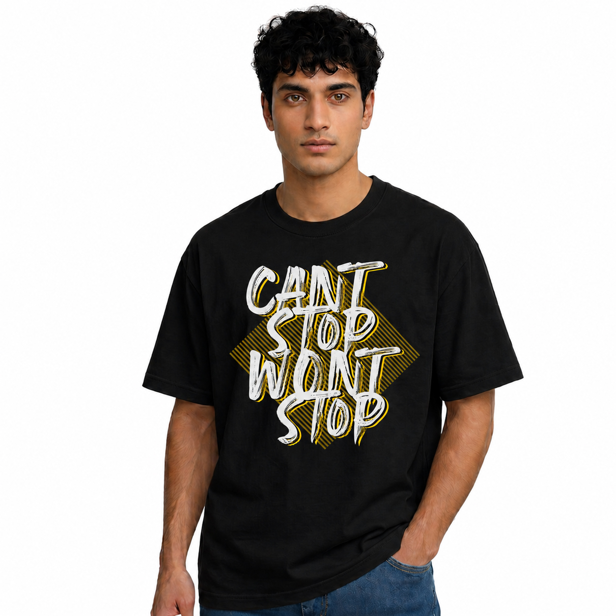 Men’s Black “Can’t Stop Won’t Stop” Graphic T-Shirt – Oversized Cotton Streetwear Tee