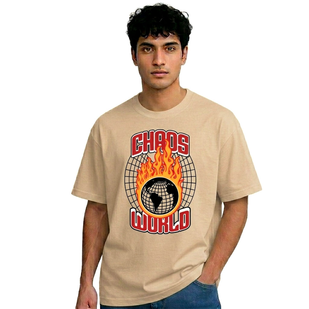 Chaos World Graphic T-Shirt – Flaming Globe Streetwear Beige Tee