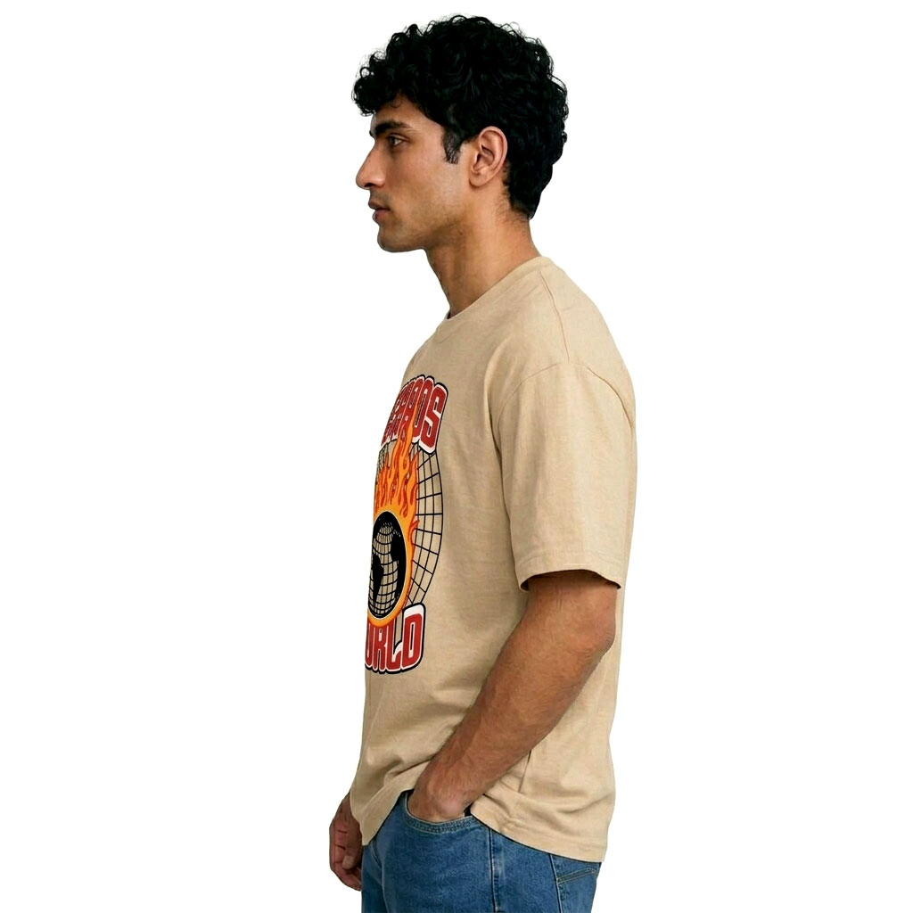 Chaos World Graphic T-Shirt – Flaming Globe Streetwear Beige Tee