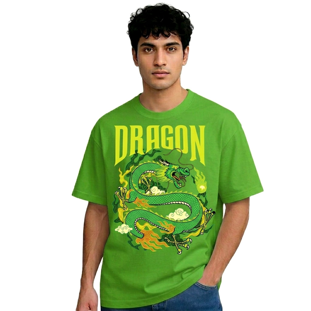 Japanese Style Green Dragon Graphic Streetwear T-Shirt for Men