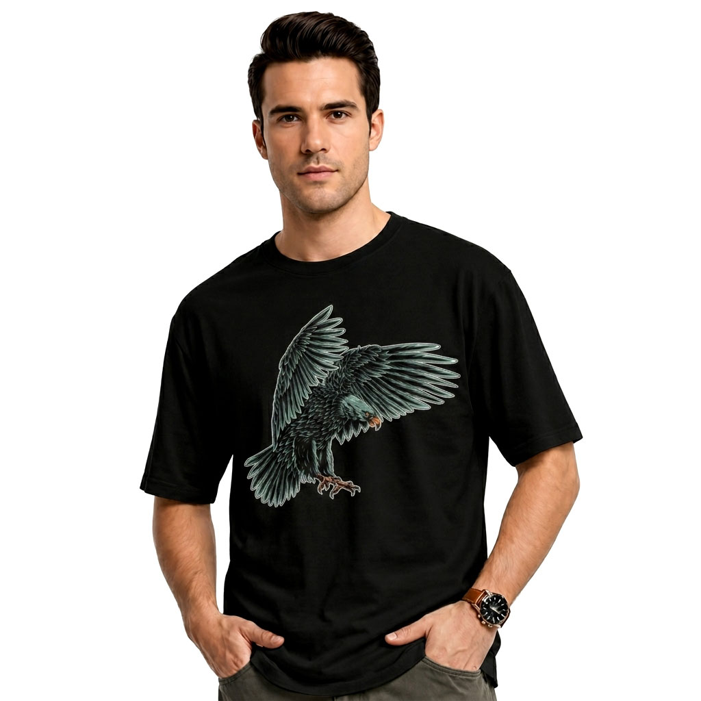 Men’s Oversized Black Graphic T-Shirt – Majestic Soaring Eagle Design