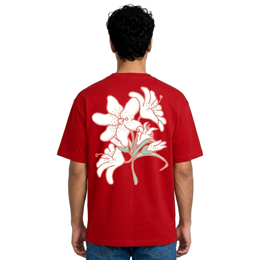 Floral Lily Back Print Graphic T-Shirt – Red