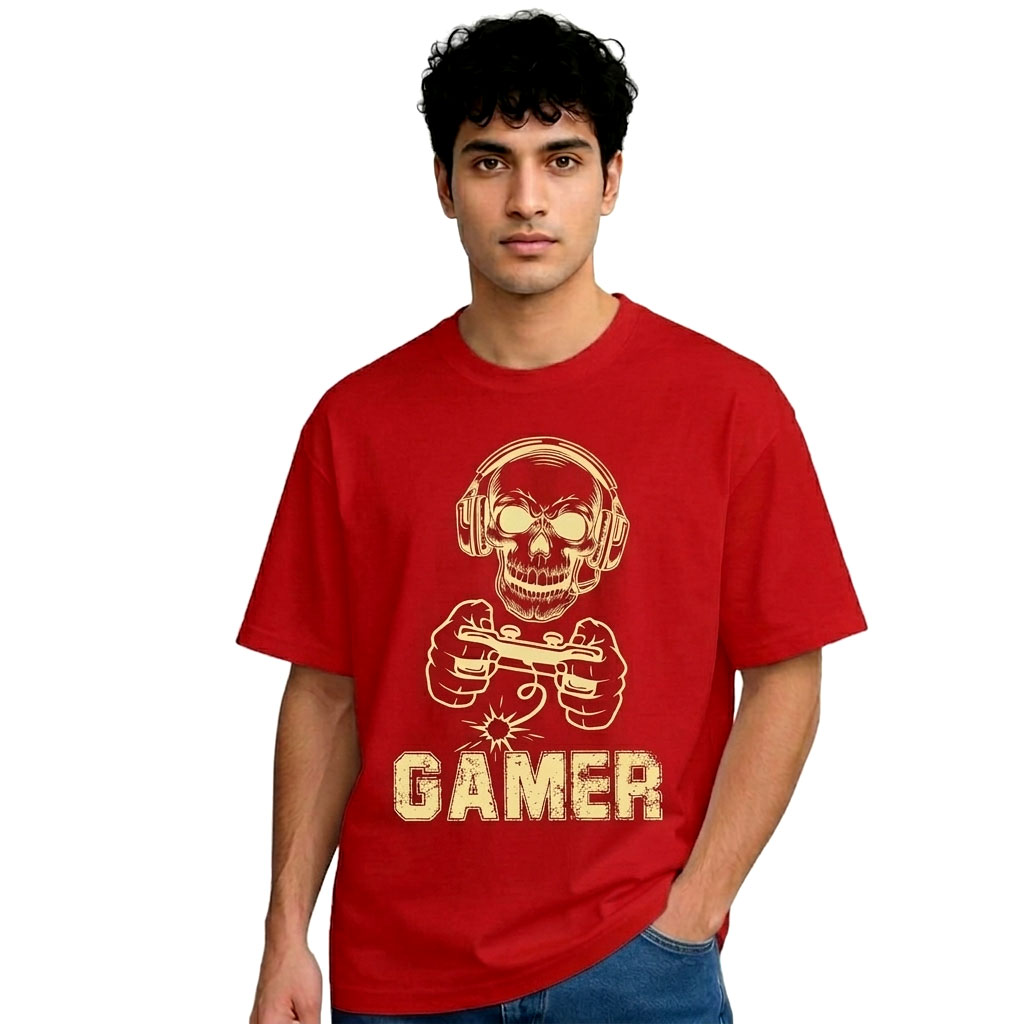 Gamer Skull Headphones Graphic T-Shirt – Red
