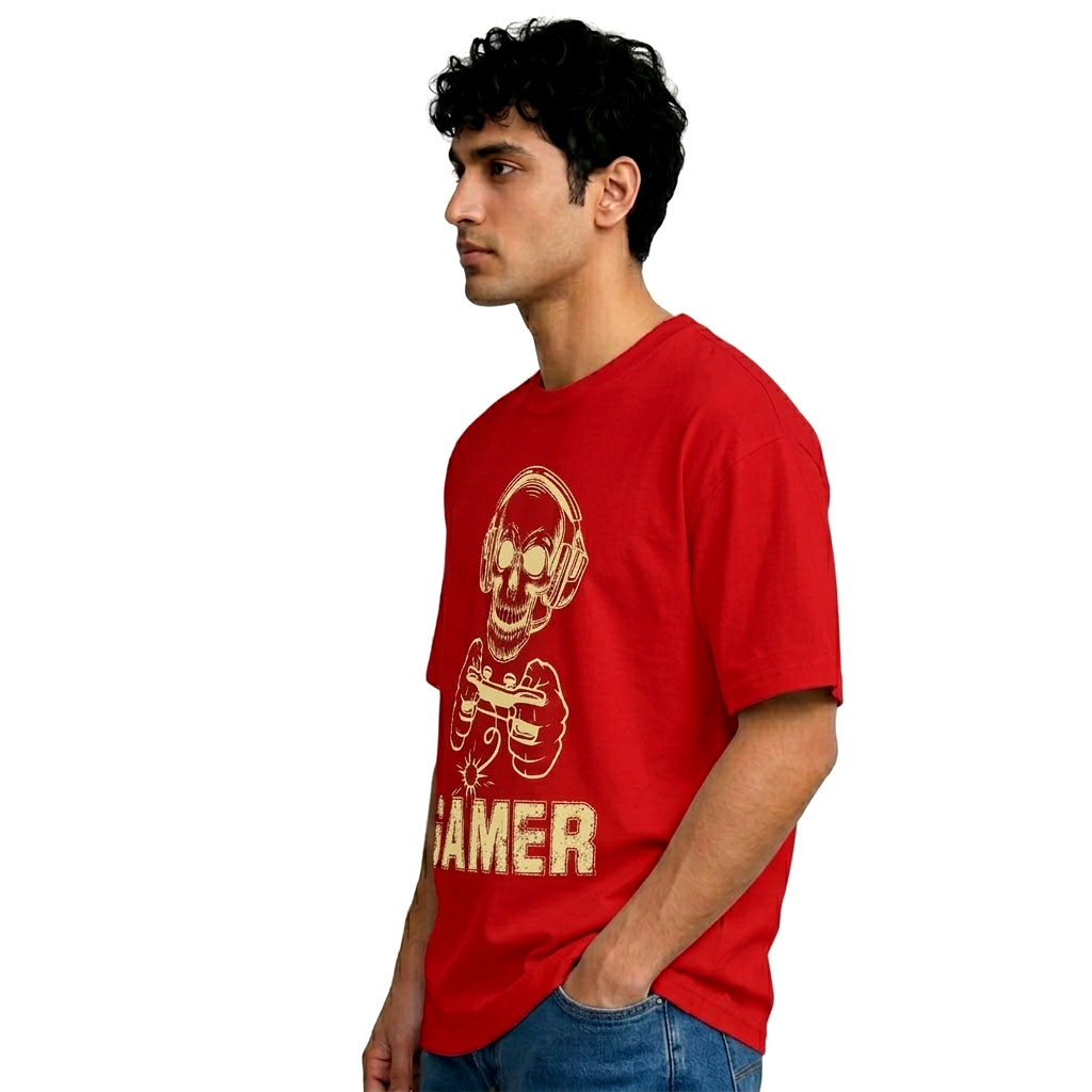 Gamer Skull Headphones Graphic T-Shirt – Red