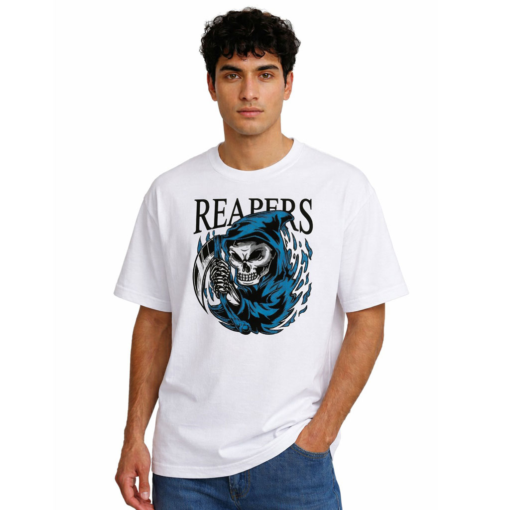 Reapers Skull Graphic T-Shirt for Men | Grim Reaper Printed White Cotton Tee