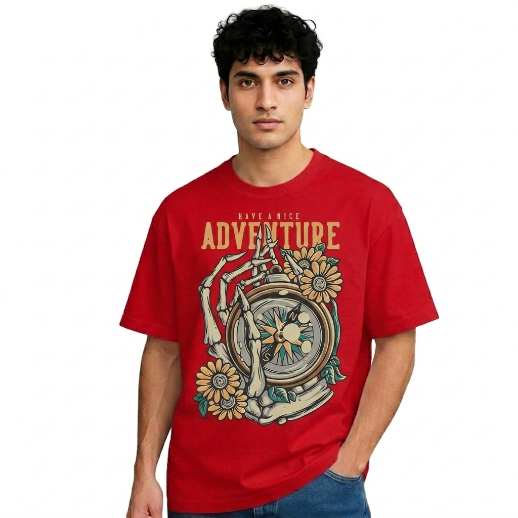 Adventure Graphic Printed Red Oversized T-Shirt for Men