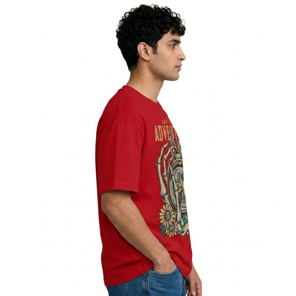 Adventure Graphic Printed Red Oversized T-Shirt for Men