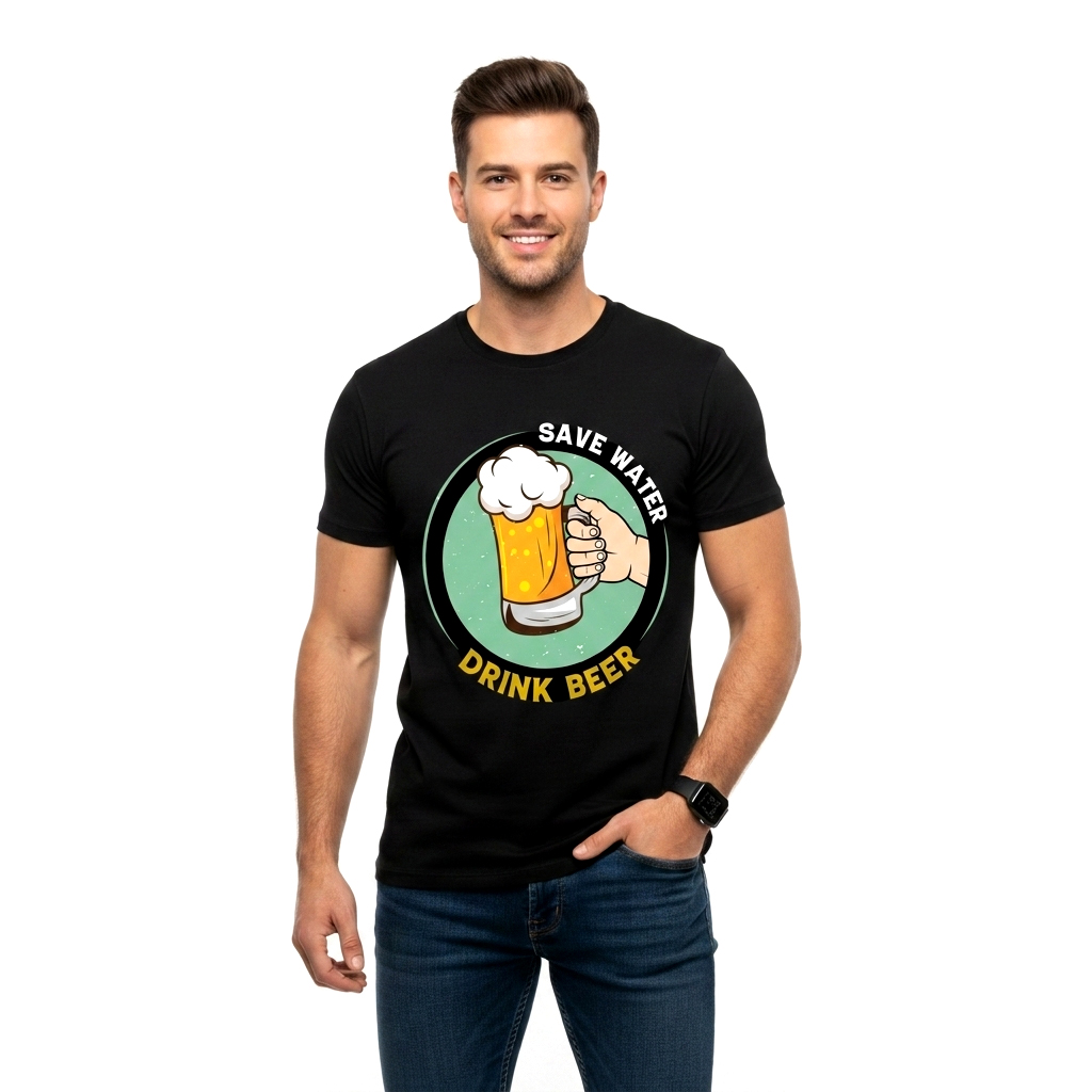Save Water Drink Beer Printed Black T-Shirt for Men